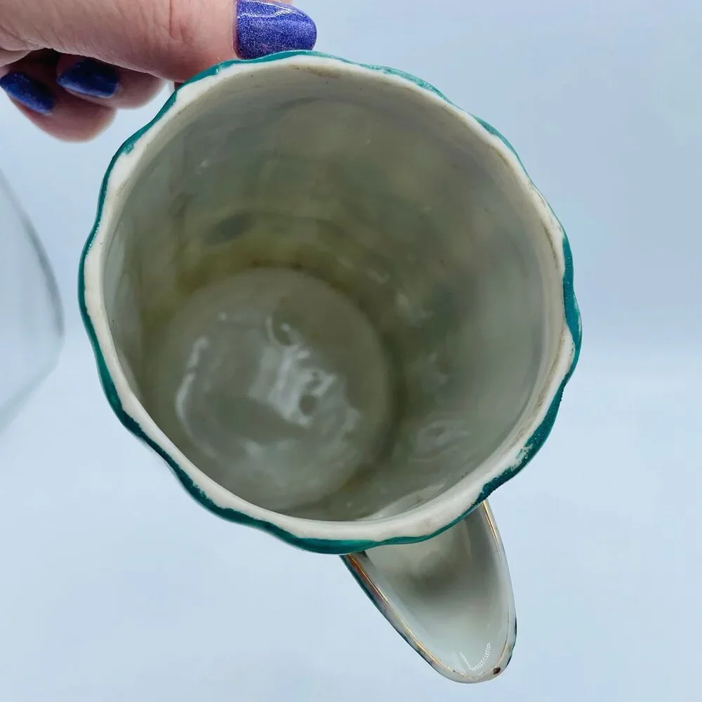 Vintage Porcelain Hot Chocolate Pot Pitcher With Lid Hand Painted Floral Green